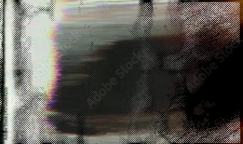 Photocopy texture in glitch style, featuring dark smudges, horizontal noise lines, and faded color patches. Main colors are black, grey, white, and muted red blended in abstract shapes.