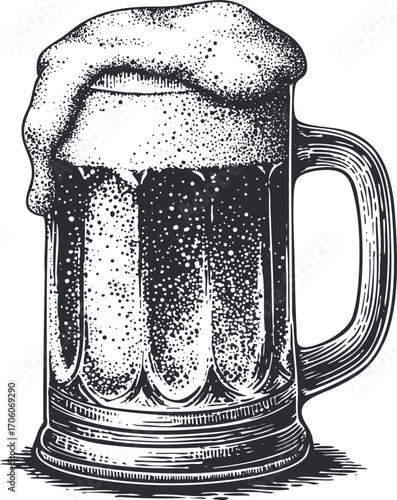 Detailed vintage illustration of a frothy beer mug filled with bubbles and foam