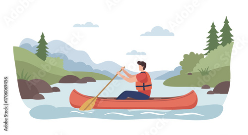 Man in a red canoe paddling on a scenic river through a mountain and forest landscape.