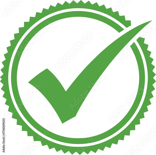 Green Approval Check Mark in Circle with Serrated Edges on a White Background