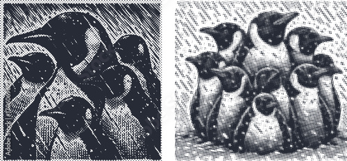 Vintage Halftone Penguin Family Art Print Set. Monochrome Dot Art Diptych of Huddling Penguins. Retro Wildlife Nature Wall Decor for Home.