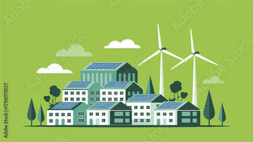 Vector art of ecofriendly town with solar panels and wind turbines