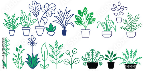 Collection of Potted Plants Line Art and Flat Design Elements
