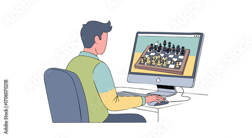 Man sitting at a desk playing a game of chess online on a desktop computer.