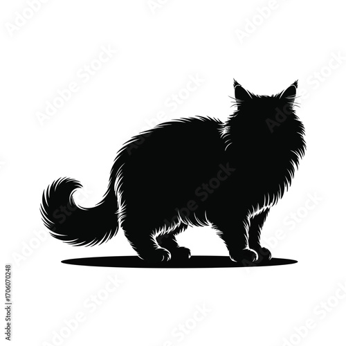 Fluffy Cat Silhouette Illustration Standing Proudly with Detailed Fur Texture and Tail Curl