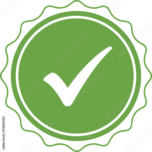 Green Badge with White Check Mark | Approval Symbol on Isolated Background