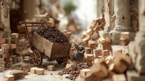 Fototapeta Naklejka Na Ścianę i Meble -  A small dog stands amidst a whimsical scene of fallen bricks and a cart filled with coffee beans in a narrow, sunlit passage
