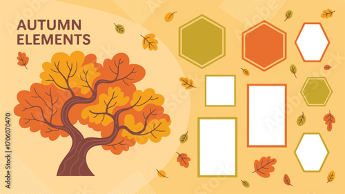 Vector art of autumn elements with a tree and decorative frames