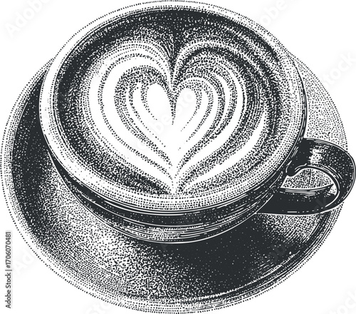 Illustration of a coffee cup with heart-shaped latte art on a saucer.