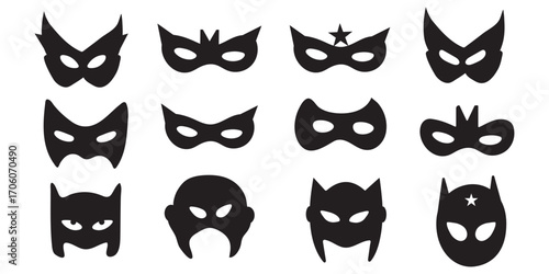 Different Mask silhouette isolated on transparent background Masquerade vector for apps or web party superhero carnival villain or burglar icon in flat. costume eye mask hidden person face