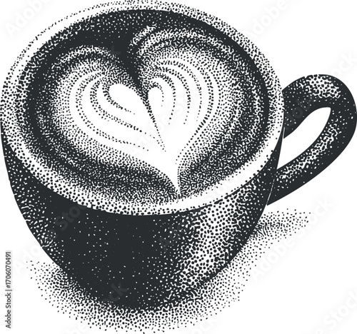 A beautifully crafted illustration of a coffee cup with heart shaped latte art on top.