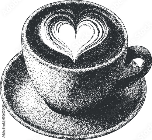 A beautifully illustrated cup of coffee with heart latte art on a saucer.
