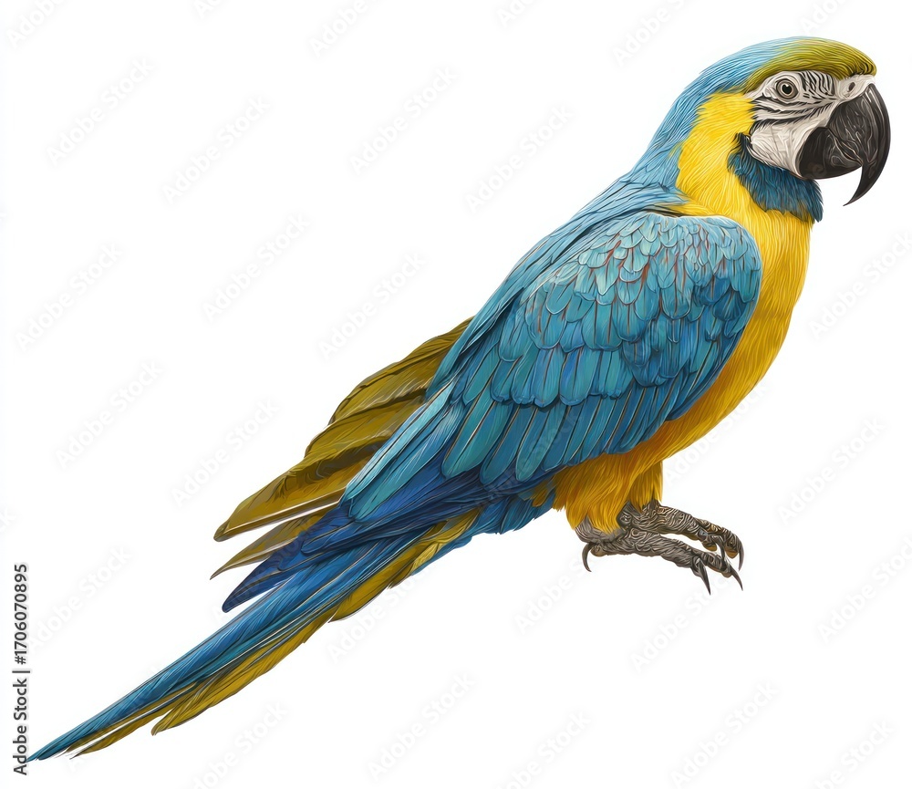 Fototapeta premium A vividly colored macaw rests, flaunting its blue and gold plumage, contrasting with a stark white background, creating a striking visual