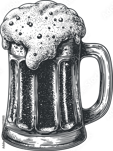 Vintage illustration of a frothy beer mug filled with bubbly beverage.