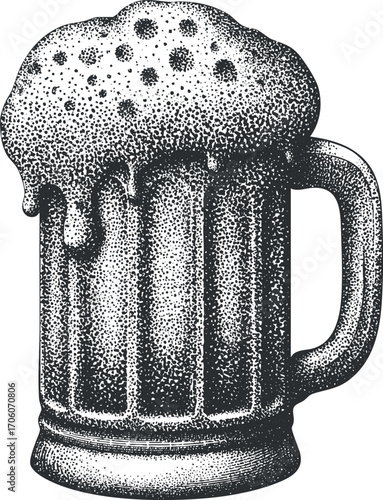 A vintage illustration of a frothy beer mug overflowing with foam and texture.