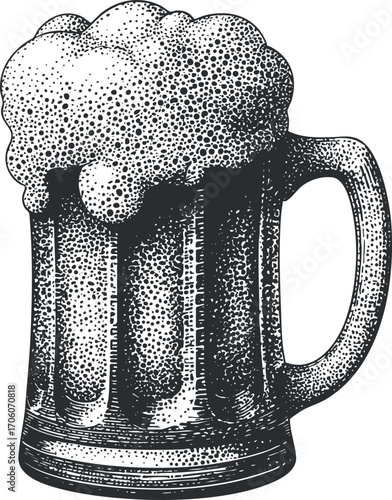Vintage illustration of a frothy beer mug with bubbles and detailed glass design.