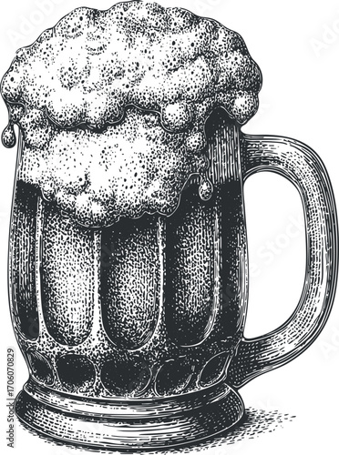 Vintage illustration of a frothy beer mug filled with beer and foam.