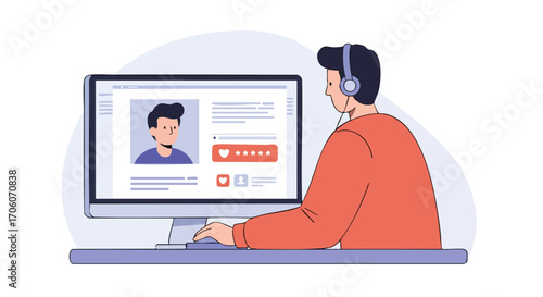 Man with headphones at a computer desk reviewing and rating an online social media profile.