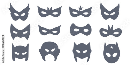 Different Mask silhouette isolated on transparent background Masquerade vector for apps or web party superhero carnival villain or burglar icon in flat. costume eye mask hidden person face