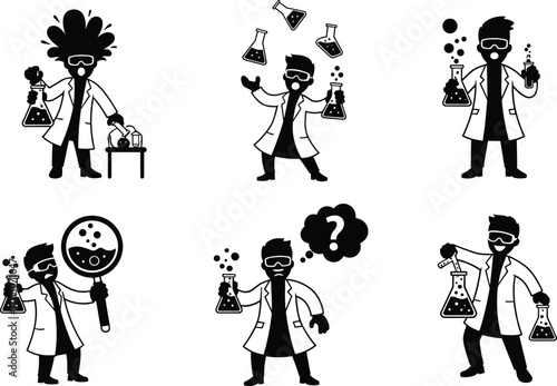 Cartoon scientist, laboratory, chemistry experiments, science researcher, chemical reaction, scientist character, science education, lab coat, beakers, microscope