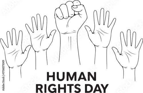 Human rights day with raised hand and open hands isolated on white background