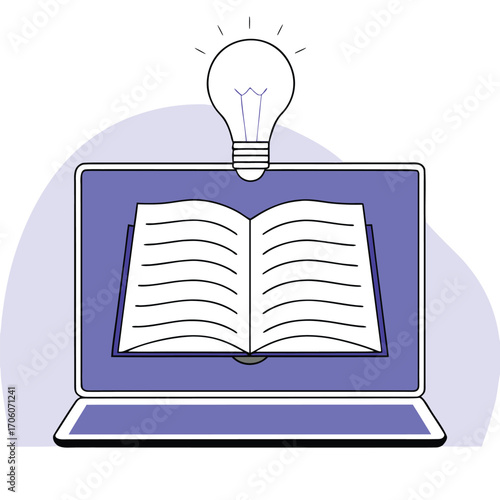 Vector art of laptop displaying an open book with a glowing lightbulb above, representing online learning and digital ideas