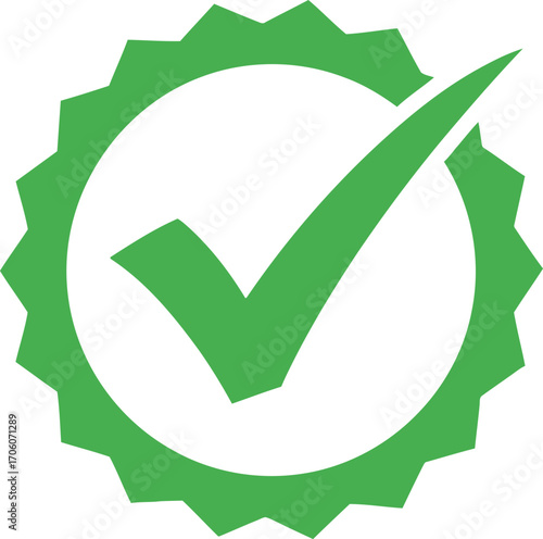 Green Check Mark Icon Inside Sunburst Circle Shape On White Background