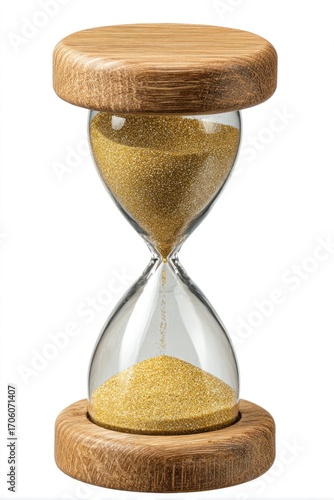 A wooden-framed hourglass holds yellow sand flowing through its glass enclosure, against a stark white background, symbolizing time and deadlines