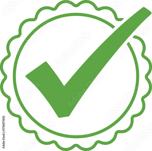 Green Check Mark Icon with Scalloped Circle Border on Transparent Background