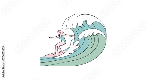 Minimalist line art of a female surfer in a swimsuit riding a large stylized ocean wave.