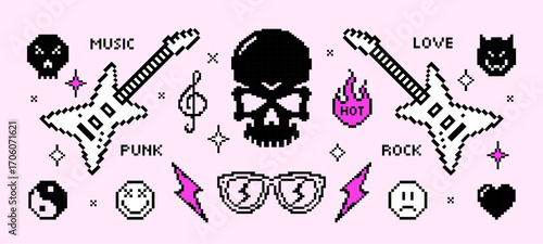 Pixel Music Icons Y2K Vector Elements Set. Punk Rock Concert Symbols Stickers Abstract Collection with Guitar, Scull, Lightning, Flame, Glasses and Treble Clef. 8 Bit Geometric Game and App Shapes
