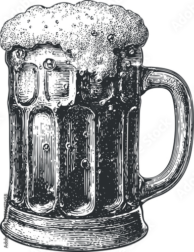 Vintage illustration of a frothy beer mug filled with refreshing beverage.