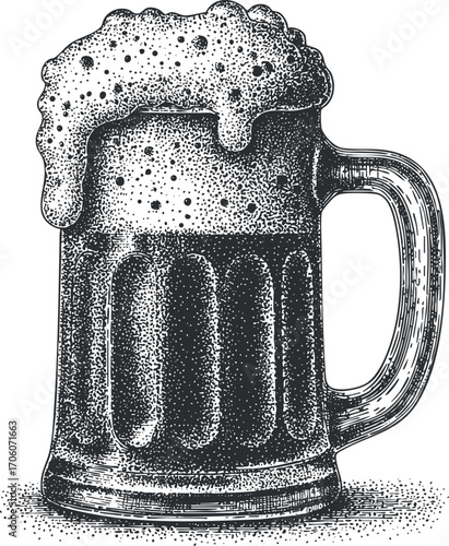 Vintage illustration of a frothy beer mug with bubbles and detailed texture.