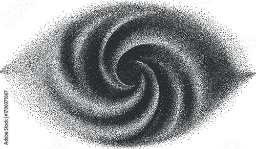 A captivating spiral galaxy design featuring a blend of black and white dots representing stars.