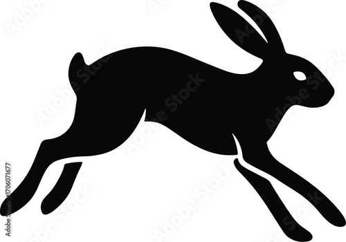 Minimal vector silhouette, hare sprinting long legs extended, side profile, solid black