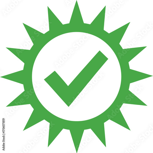 Green Check Mark Icon Within Sunburst, Approval Sign on Transparent Background