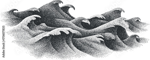 An artistic black and white illustration of dynamic ocean waves in a stylized design.