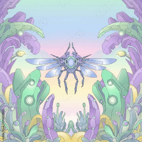 Biomechanical Insect in Pastel Garden Futuristic Nature Illustration