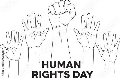 Human rights day with raised hand and open hands isolated on white background