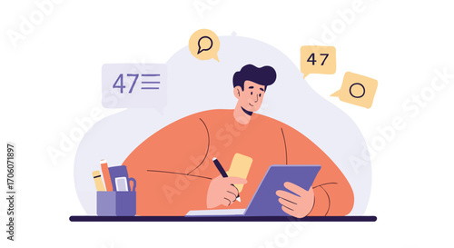 Modern flat vector illustration of a young man working on a digital tablet with a stylus at his desk.