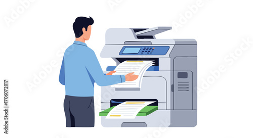 Office worker in a blue shirt using a multifunction printer to copy documents.