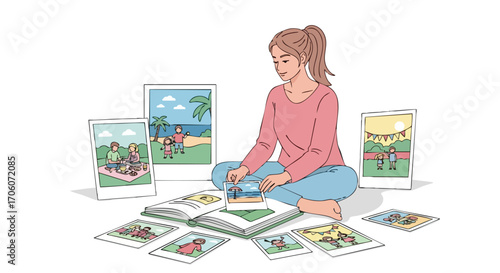 Nostalgic woman with a ponytail sitting on the floor arranging family photos in a scrapbook album.