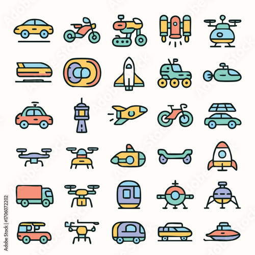 Colorful Transportation Icons Set on White.