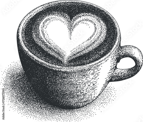 A detailed illustration of a coffee cup with heart latte art on top.