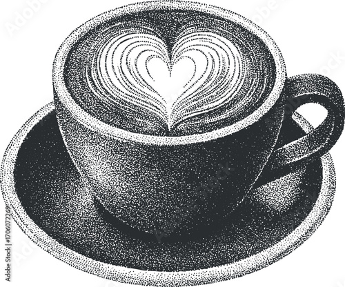 A beautifully illustrated cup of coffee with heart latte art on a saucer.