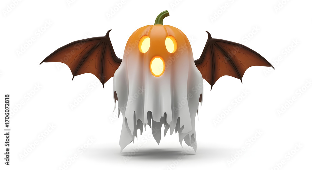 Fototapeta premium Spooky and playful glowing pumpkin ghost with outstretched dark bat wings, capturing the festive and haunting essence of Halloween for seasonal graphic designs