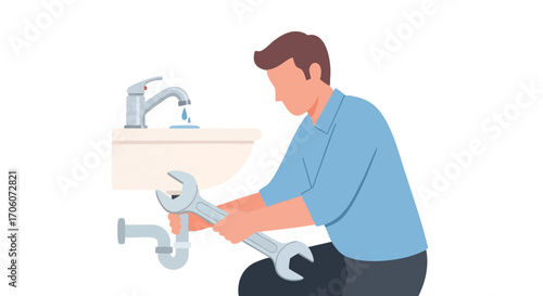 Professional plumber in a blue shirt using wrenches to fix a leaky sink pipe.