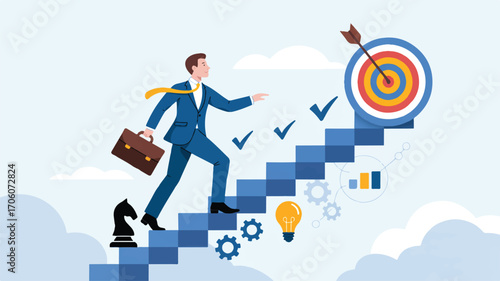 Vector art of businessman climbing stairs towards a target, symbolizing success and goals