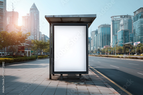 Blank vertical billboard mockup at a modern bus stop in the city, perfect for advertising and marketing design presentations.