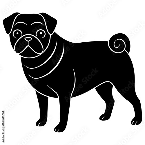 A black pug dog standing with a curled tail and distinctive facial wrinkles silhouette
